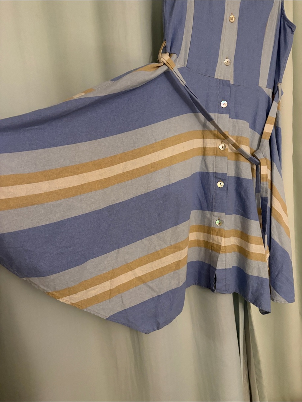 1. State Blue and Beige Striped Sleeveless Shirt Linen Blend Button Down Dress,M - Picture 3 of 6